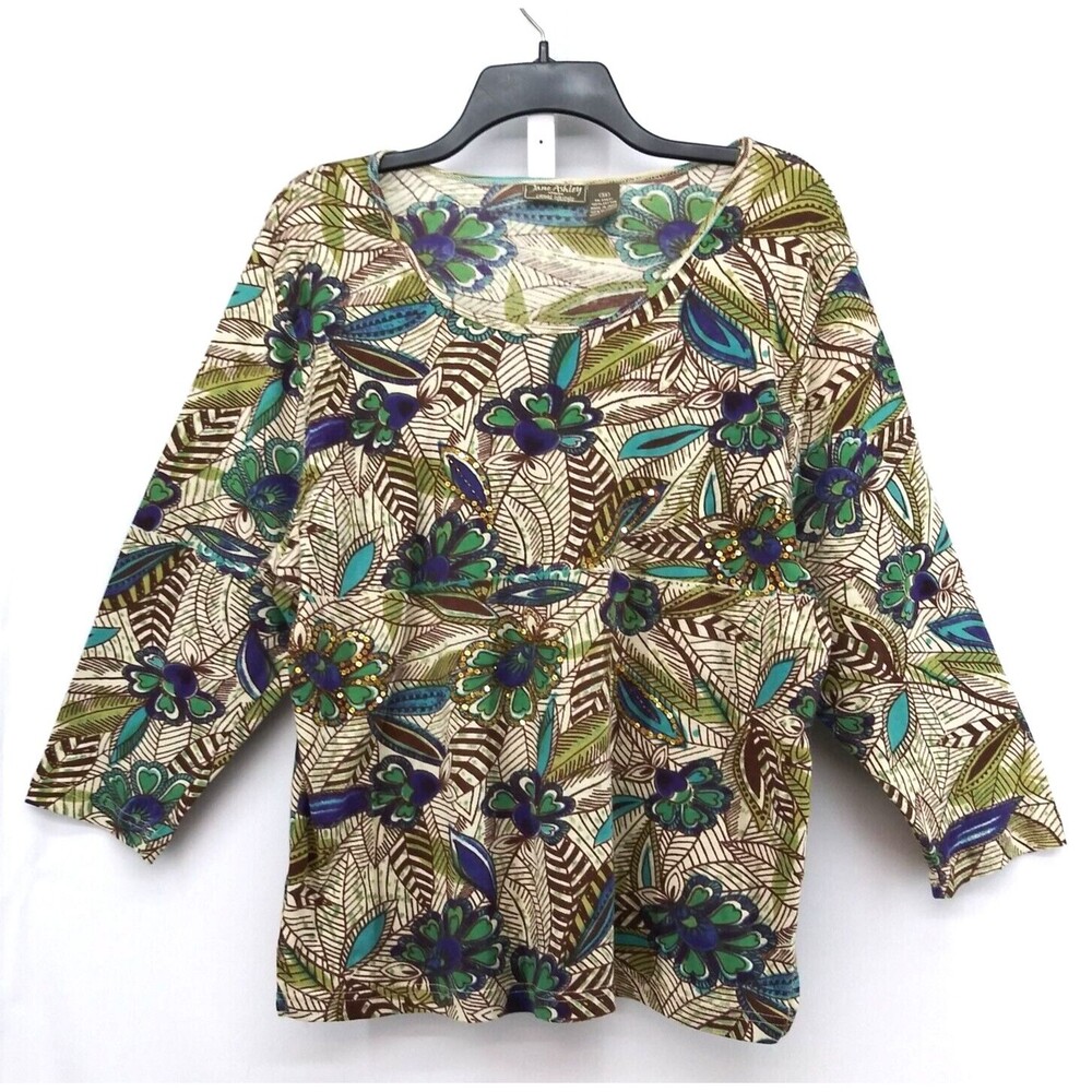Jane Ashley Shirt Womens Size 3X Purple Floral Sequins 3/4 Sleeve Blouse Top